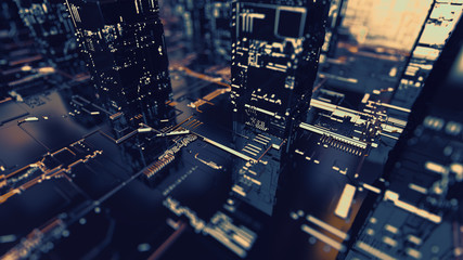 Abstract 3d circuit city concept of connection. Digital skyscrappers.