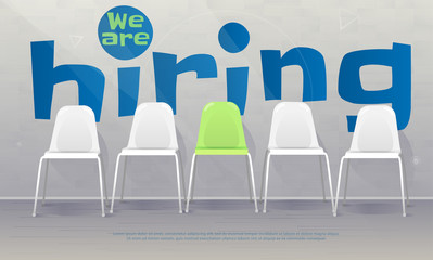 We are hiring banner. Vacant chairs near office wall