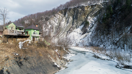 Aerial view of Carpathian mountains in winter, Yaremche, Ukraine.