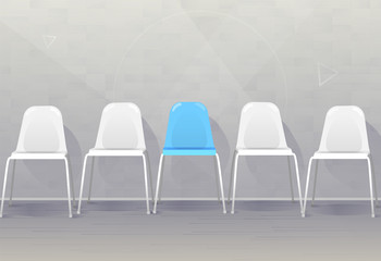 Job recruiting concept banner. Vacant chairs near office wall