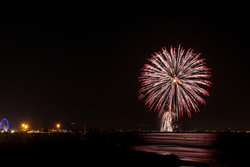 Bastille day fireworks in french city of La Grande-Motte, 2017.