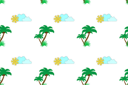 seamless pattern with palm trees, sun and clouds