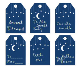 Collection of six cute redy-to-use gift tags. Set of 6 printable hand drawn label in dark blue, white and colorful text. Vector badge design