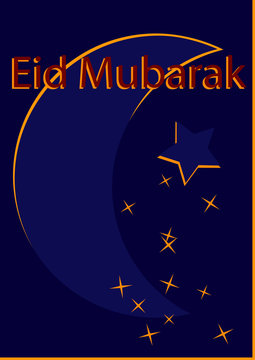 Grußkarte mit Halbmond in dunkelblau-gelb mit dem Text Eid Mubarak in rot. Vektorgrafik