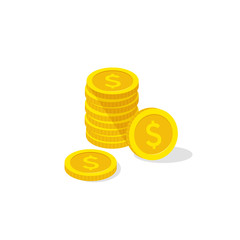 Coins stack, coins icon isometric, coins pile, coins money, one golden coin standing on stacked gold coins modern design isolated on white background, vector illustration.