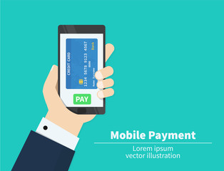 Mobile payment credit card, hand holding phone, flat design vector.