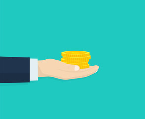 Gold coin in hand businessman isometric design. Rich people. Giving, receiving take money. Concept of charity. Vector illustration.