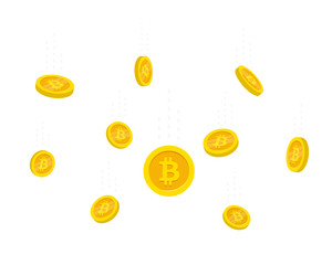 Flat style flying gold Bitcoins isolated on white background. Coins money falling vector illustration.