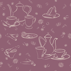 Seamless pattern with coffee pot, cups, cinnamon, coffee beans, anise and cloves.