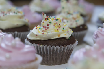 chocolate muffin with yellow cream lies on a white wooden table on the background of other muffins