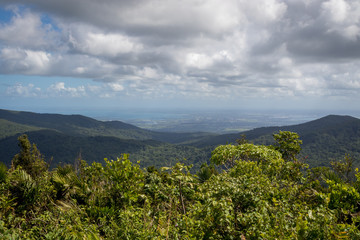 Fototapeta na wymiar Panoramic landscape view from Morne a Louis lookout (743 m) in Guadeloupe, Caribbean. View towards Grande-Terre and capital. 