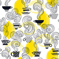 Tea with lemon. Seamless vector pattern on white background. Stylish food background.