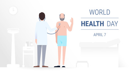 Doctor and patient. World health day concept. A process of medical check up, using a stethoscope. Healthcare, medical insurance and diagnostics of a diseases. Vector flat illustration