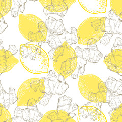 Ginger and  lemon. Seamless vector pattern on white background.