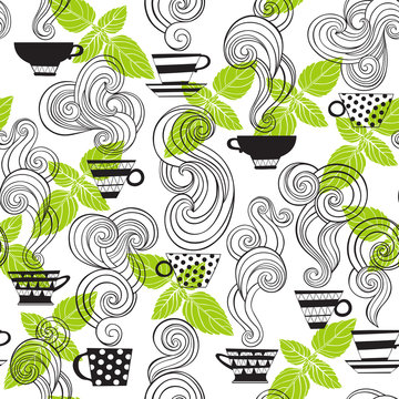 Tea with mint. Seamless vector pattern on white background. Stylish food background.