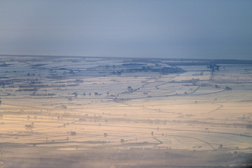 Aerial image of sunrise over the Ebro delta as seen from Mont Caro