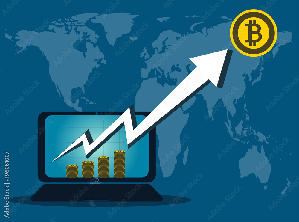 Poster bitcoin business,arrow up from the computer screen on background map world.vector illustrator