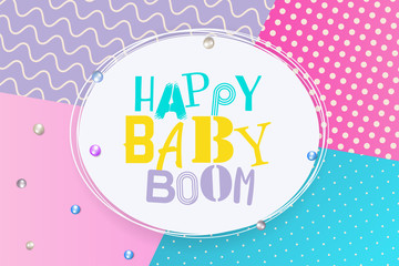 Happy birthday background Memphis style. Retro holiday backdrop 80s 90s pop art. Baby boom comic text lettering different font. Anniversary greeting poster. Halftone pattern vector illustration.