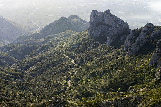 Aerial view on road climbing up to Monte Care at los puertos de beceite