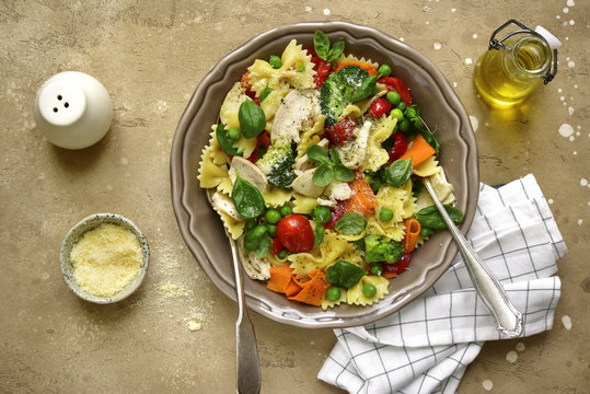 Pasta Primavera With Chicken.Top View.