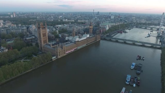 Flying Over London Skyline at Sunrise