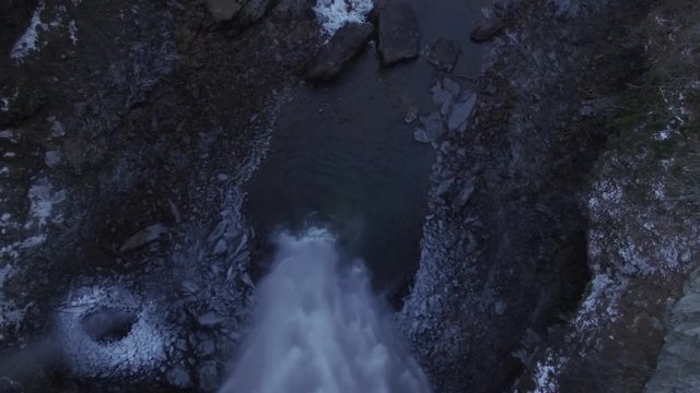 4k Aerial Snow Tennessee Waterfall Bird's Eye View 013 Fast Ascent