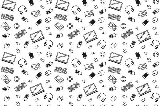 Computer part icons. pattern texture repeating seamless monochrome black and white. computer mouse, keyboard, laptop, flash drive, headphones, column, phone, battery and wi-fi on a white background.