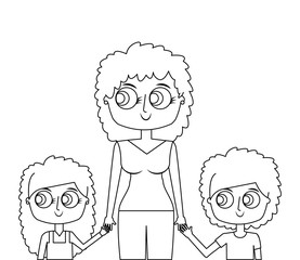mother and her kids together holding hands portrait vector illustration thin line