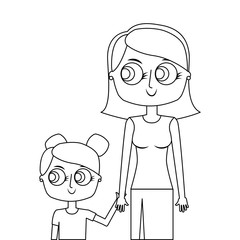 mother holding hand with her daughter portrait vector illustration thin line