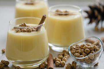 Boza or Bosa, traditional Turkish drink with roasted chickpeas and cinnamon