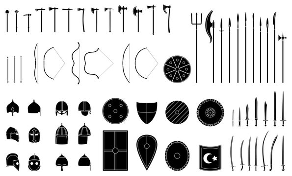 Medieval weapons and armors set. Medieval warrior equipment. Sword, sabre, dagger, axe, male, spear, pike bow arrows helmet shield Vector illustration
