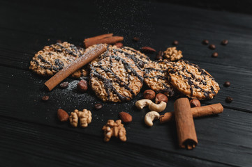 Homemade cookies dessert. Chocolate chip, oatmeal raisin, dough and nuts. Copy text menu food background.