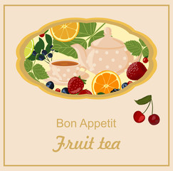 Background with teapot, cups, citrus, berries and tea leaves.