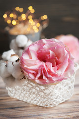 Pink roses and cotton flower with lights