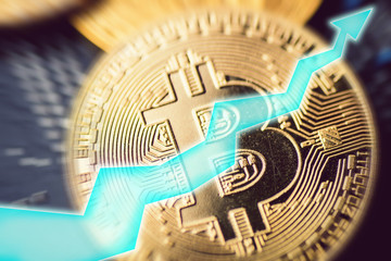 Bitcoin grow up. Golden Bitcoin coin - symbol of crypto currency and arrow up. Virtual money and future, success in blockchain network investment
