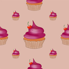 beautiful seamless pattern with delicious food, sweet cake with pink cream