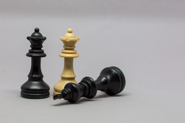 The fallen king, black king, black queen, white queen, isolated chess figures