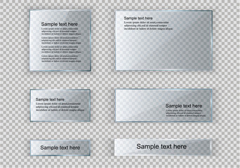 Vector glass modern banner set with shiny golden metallic frame on transparent background.