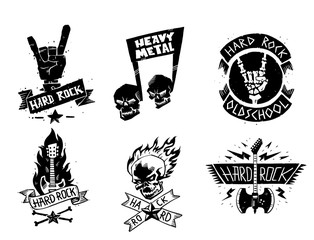 Fototapeta premium Heavy rock music vector badge vintage label with punk skull symbol hard rock-n-roll sound sticker emblem illustration
