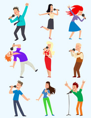 Cheerful corporate party singing people with microphone. vector musician artist characters Karaoke, songs dancing singing expression. Happy friends singing karaoke at party people music fun concert