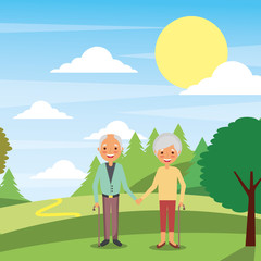 Obraz na płótnie Canvas cute older mature couple holding hands in landscape natural vector illustration