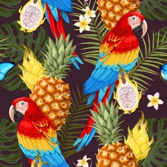 Seamless macaw, pineapple and flowers