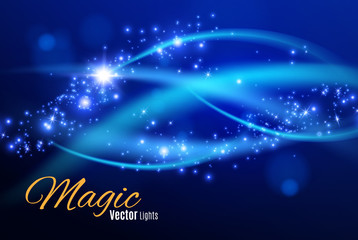 Blue sparks and stars glitter special light effect. Sparkling magic dust particles.Light flare special effect with rays of light and magic sparkles. Glow transparent vector, explosion, glitter