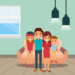 happy family sitting on sofa in home vector illustration