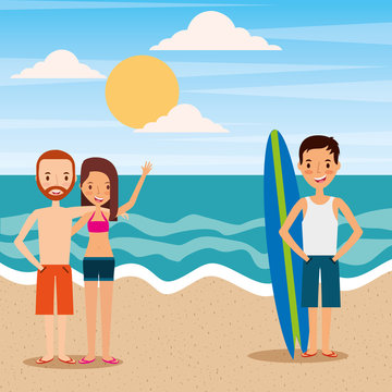 people couple and man in beach tropical travelers vacations vector illustration