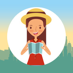 young woman tourist travel with map vector illustration