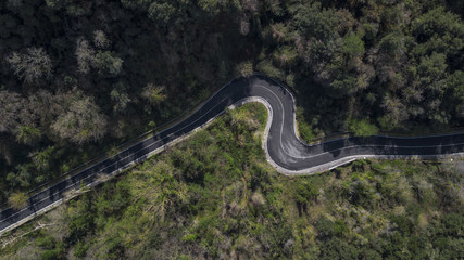 Aerial view of a small and narrow road passing through the forest trees. It is nobody. The street has a curve in the middle.