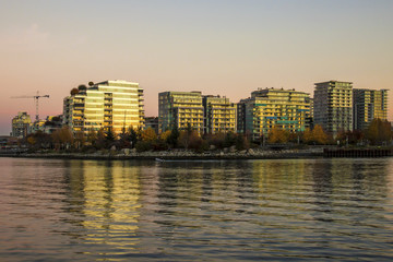 Olympic Village by False Creek during golden hour
