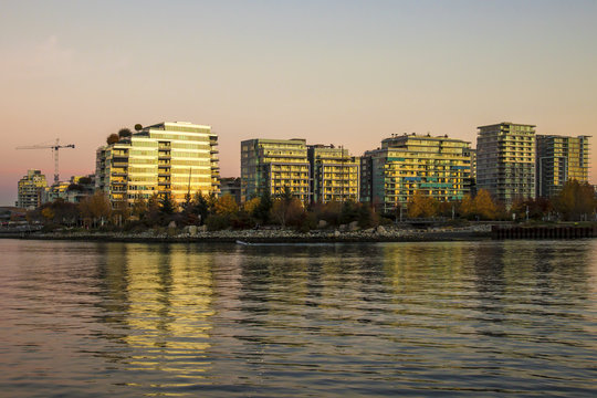 Olympic Village by False Creek during golden hour