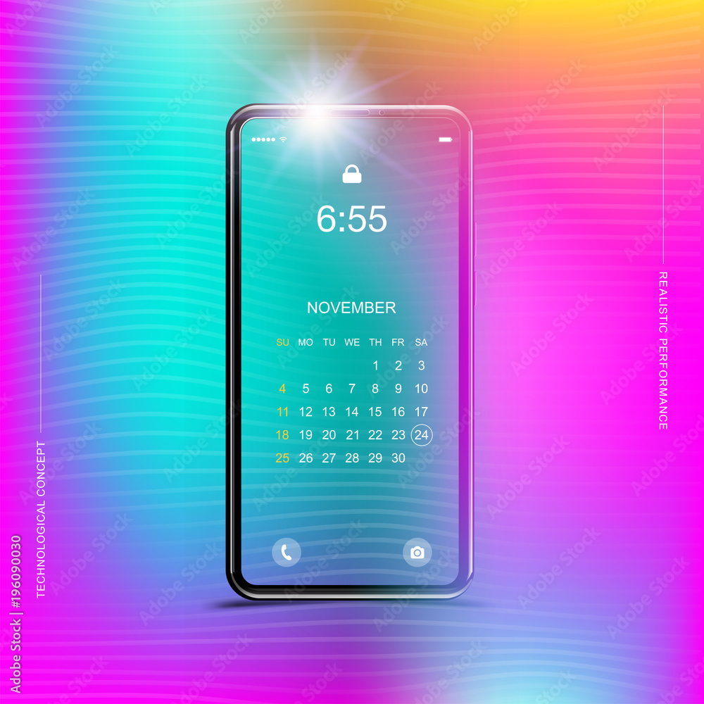 Poster template realistic smartphone with a gradient and screen lock on a colour background. phone with set